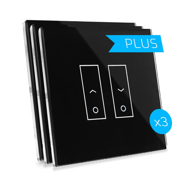 Kit de 3 E2S PLUS - Interrupteur intelligent Wifi pour stores et volets roulants - en verre trempé de haute qualité, trois boutons, un pour la montée et un pour la descente plus un bouton central pour la lumière